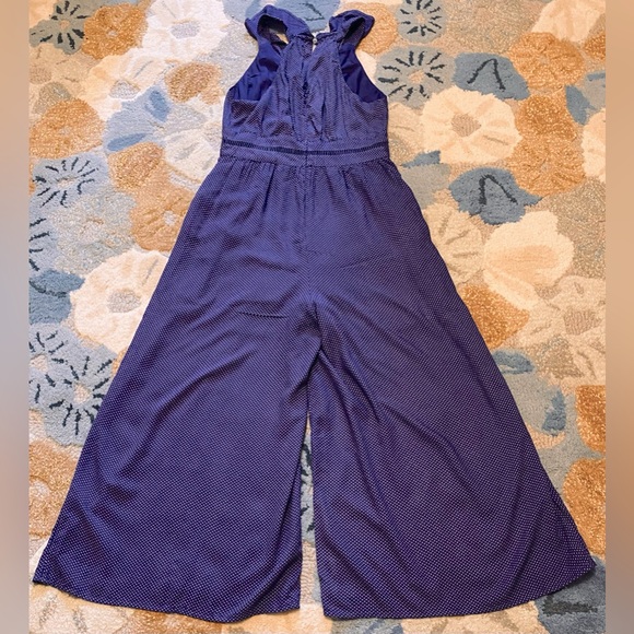 Anthropologie | Maeve Syros Ruffled Blue Pin Dot Flowing Wide Leg Jumpsuit - Picture 7 of 10